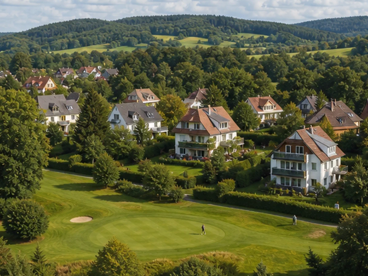 Ferienregion mit Wohnhäusern und grüner Golflandschaft
