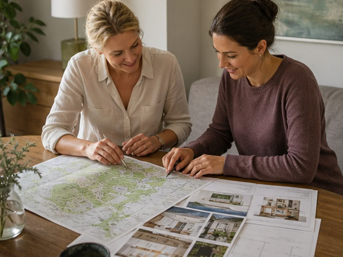 Frauen besprechen Regionenkarte und Immobilienunterlagen